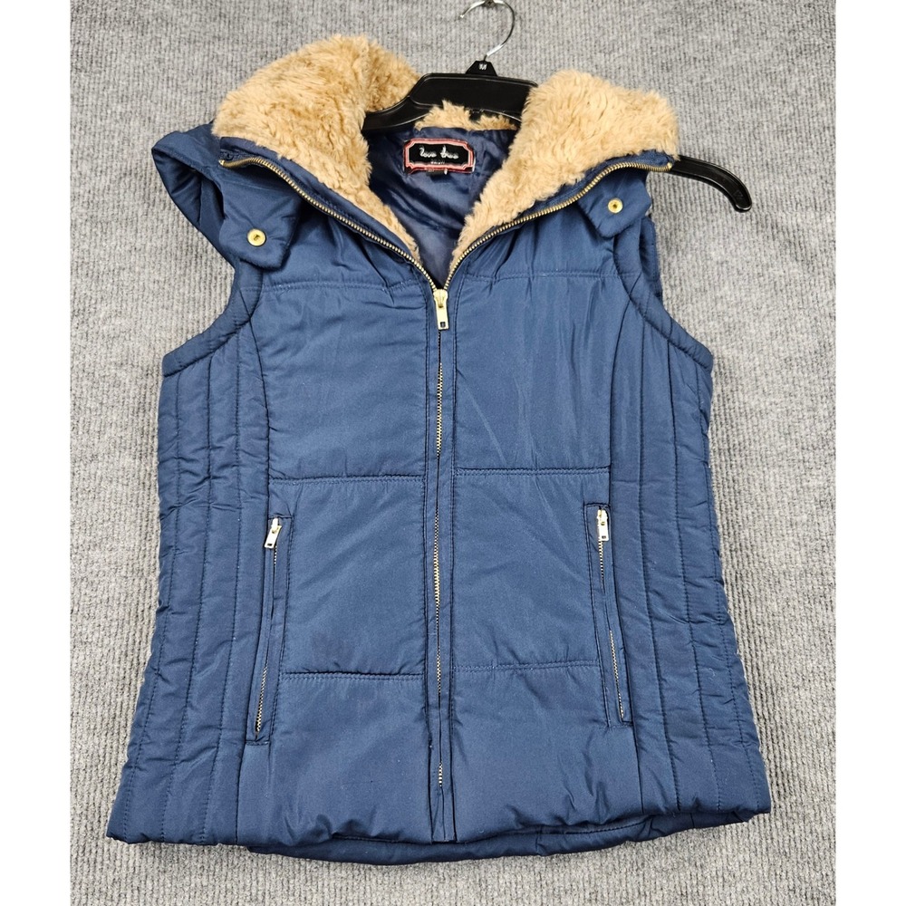 Love Tree Navy Blue Puffer Vest Faux Fur Collar Detachable Hood Small